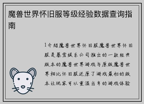 魔兽世界怀旧服等级经验数据查询指南